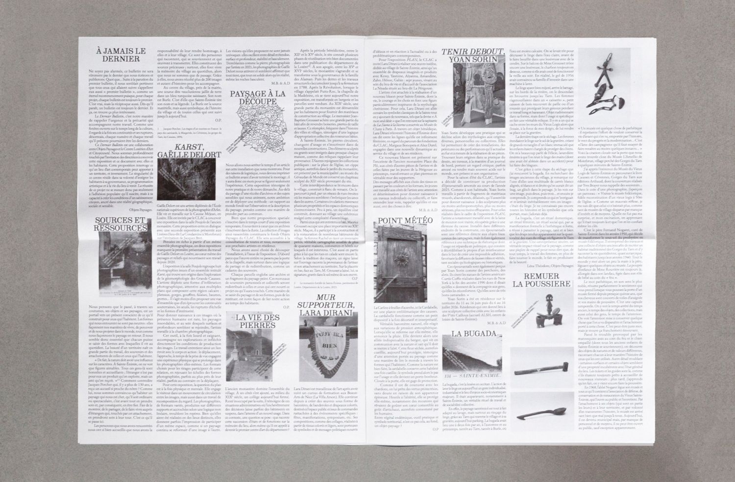 Dernier Bulletin ouvert à plat : double page avec les textes sur À jamais le dernier, Karst, Sources et ressources, Mur supporteur, Tenir debout, Point météo, La bugada, Remuer la poussière